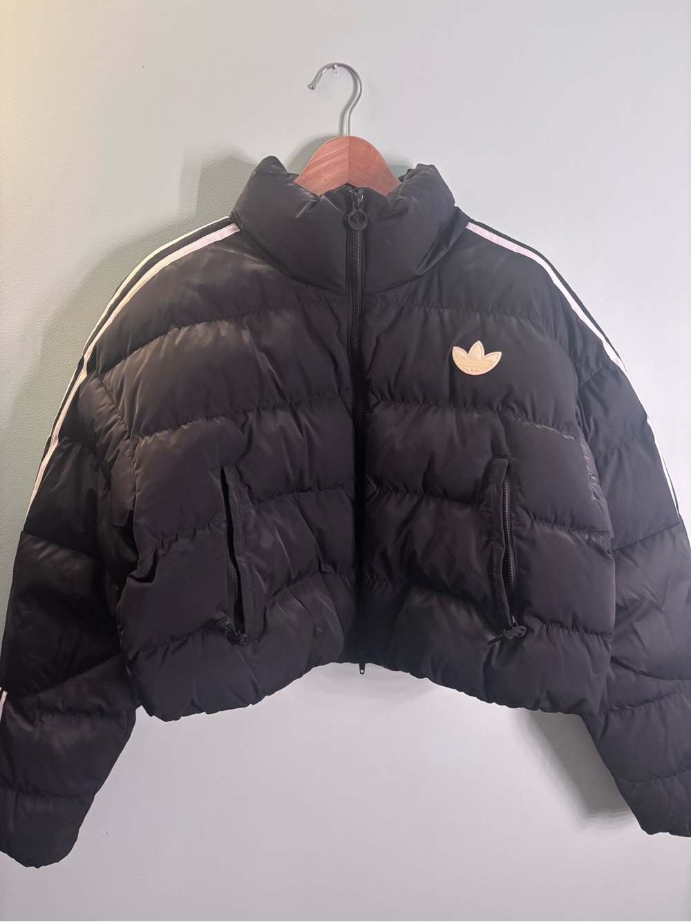 adidas Black Cropped Puffer Jacket with White Stripes